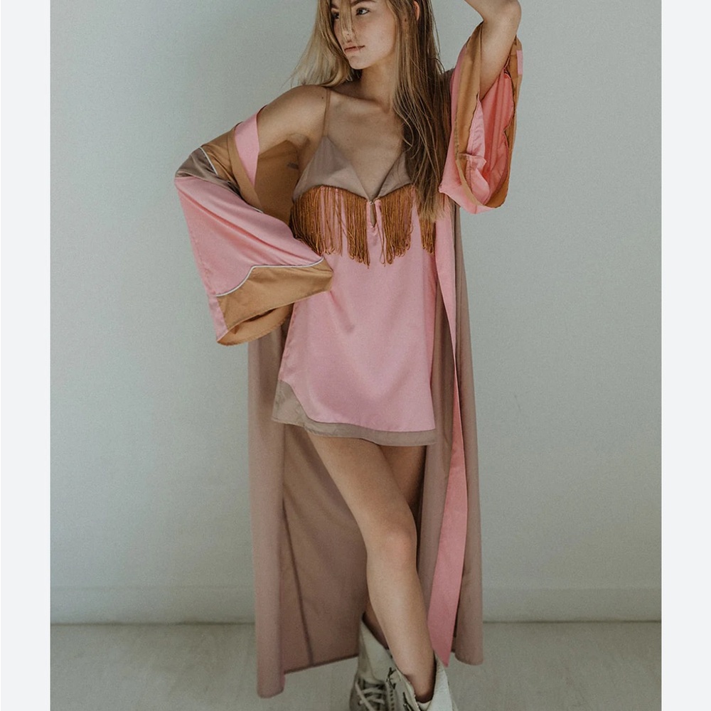 Tan and Pink Mini Dress with Soft Flowing Fabric - Picture 3 of 12